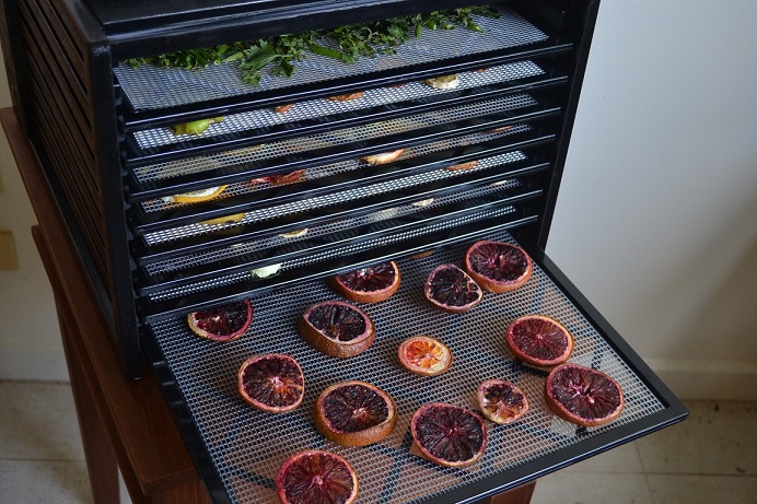 Dried citrus lying on an opened dehydrator tray.